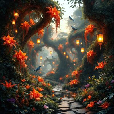 The primary subject of the image is a pathway surrounded by a lush, colorful garden filled with flowers and trees. The setting is a forest with a dirt path, and the visual style is a digital art illustration. The colors and mood of the image are vibrant and serene, creating a sense of wonder and tranquility.